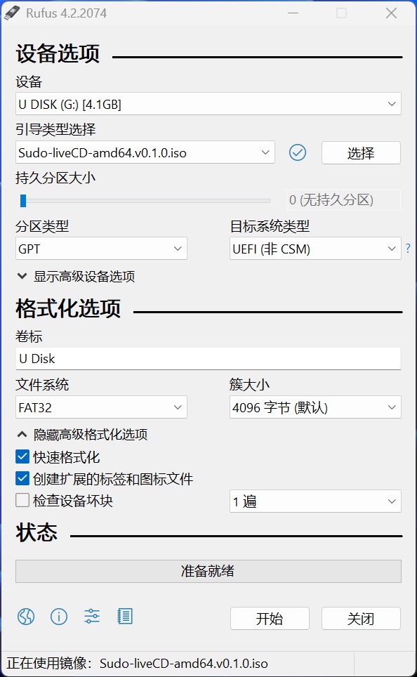Using Rufus to burn the LiveCD image to a USB drive